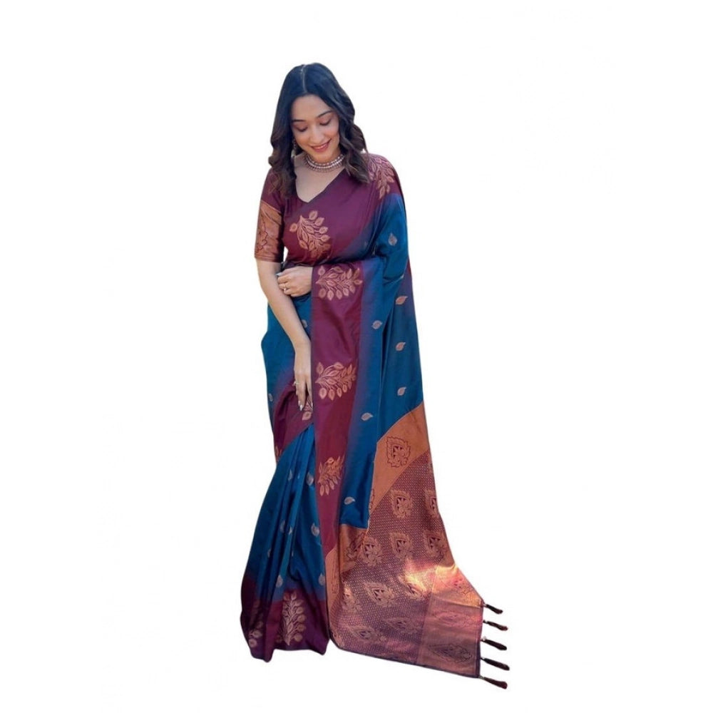 Seduva Women's Soft Lichi Silk Printed Saree With Unstitched Blouse 5.5Mtr (Blue)