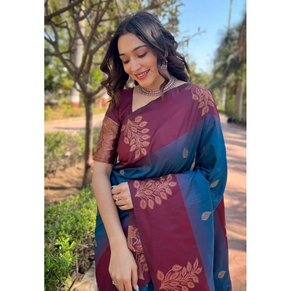 Seduva Women's Soft Lichi Silk Printed Saree With Unstitched Blouse 5.5Mtr (Blue)