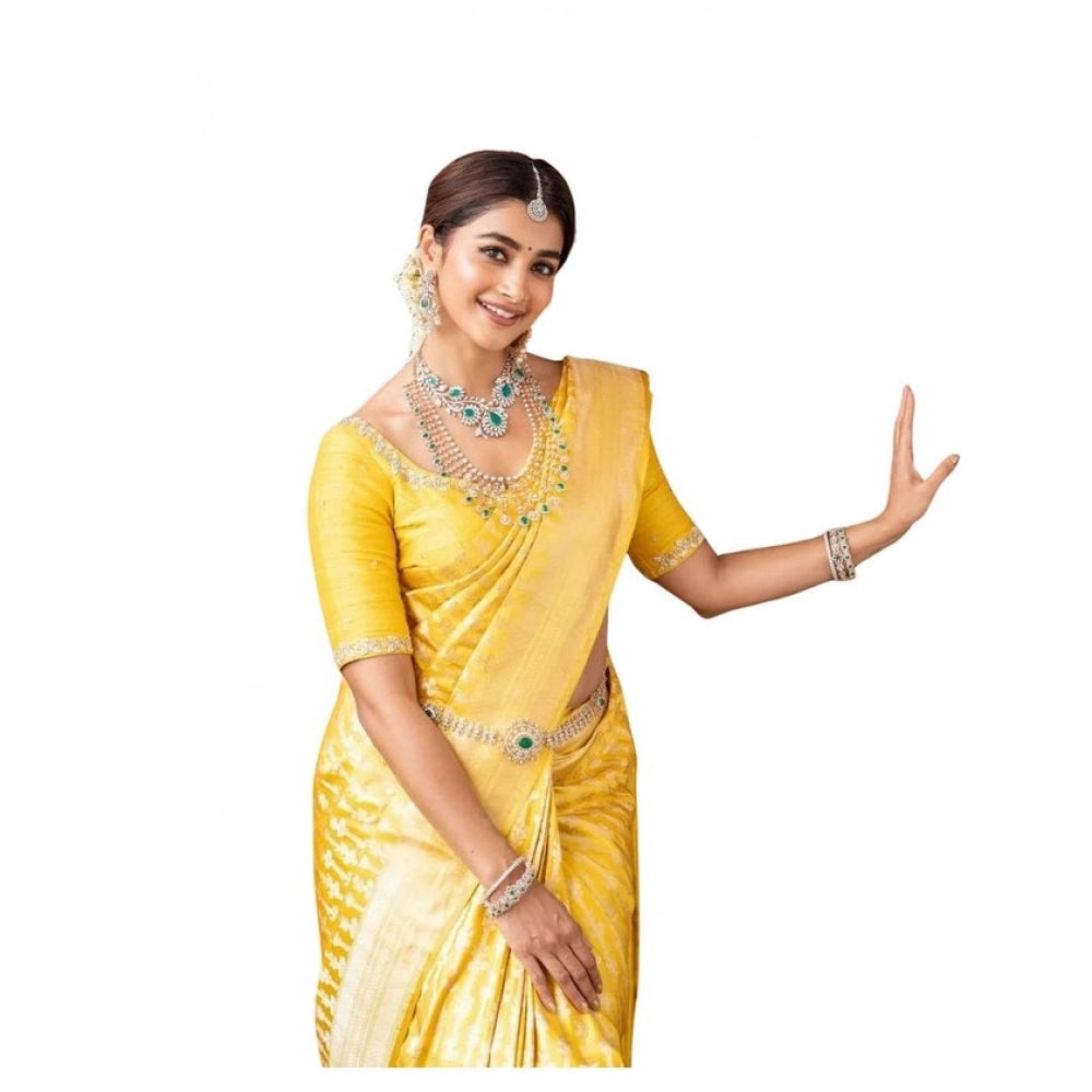 Seduva Women's Soft Lichi Silk Printed Saree With Unstitched Blouse 5.5Mtr (Yellow)