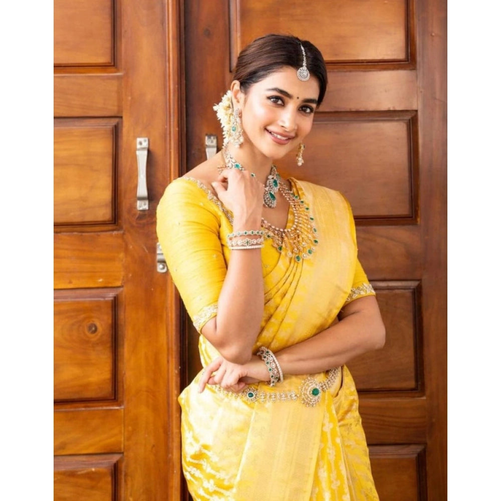 Seduva Women's Soft Lichi Silk Printed Saree With Unstitched Blouse 5.5Mtr (Yellow)