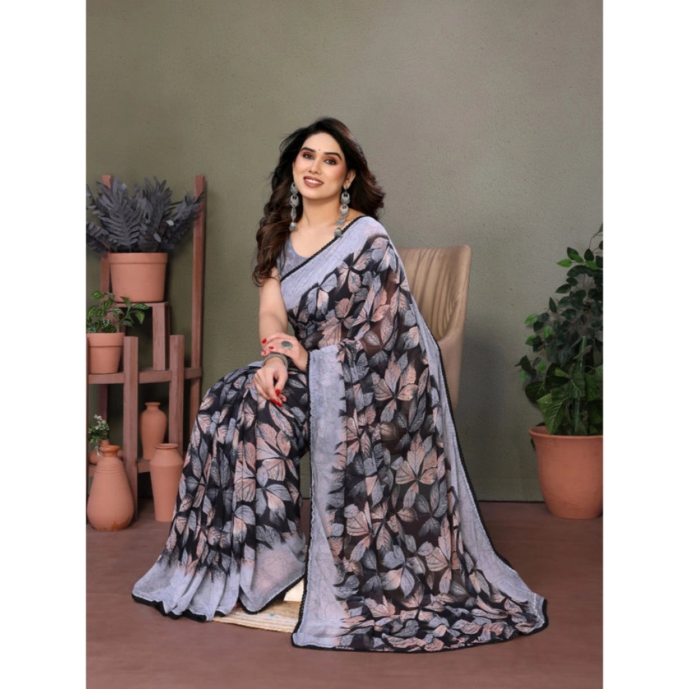 Seduva Women's Chiffon Printed Saree With Unstitched Blouse 5.5Mtr (Grey)