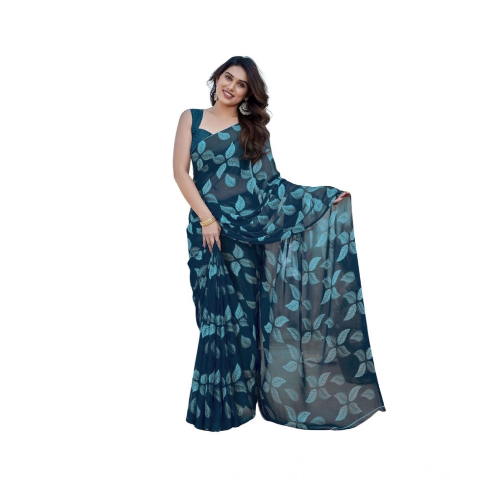 Seduva Women's Chiffon Printed Saree With Unstitched Blouse 5.5Mtr (Blue)
