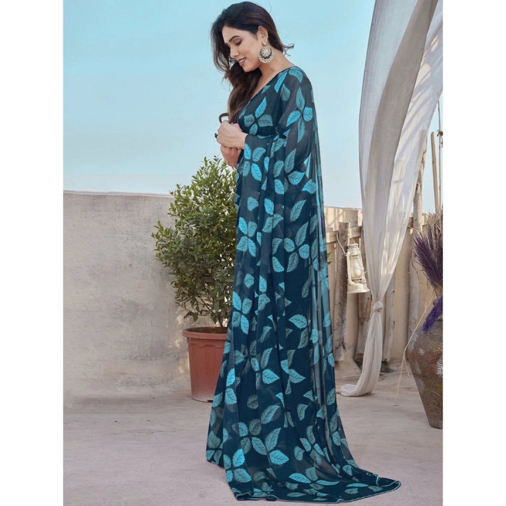 Seduva Women's Chiffon Printed Saree With Unstitched Blouse 5.5Mtr (Blue)