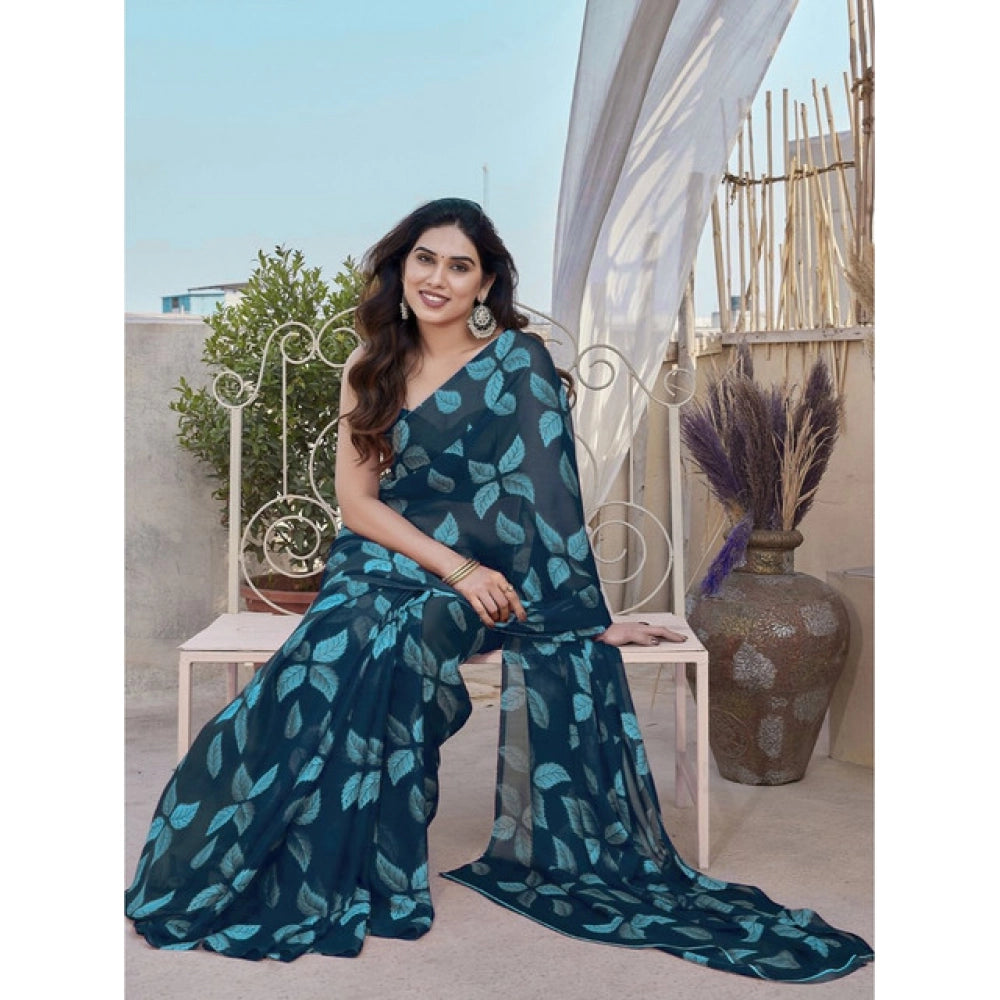 Seduva Women's Chiffon Printed Saree With Unstitched Blouse 5.5Mtr (Blue)