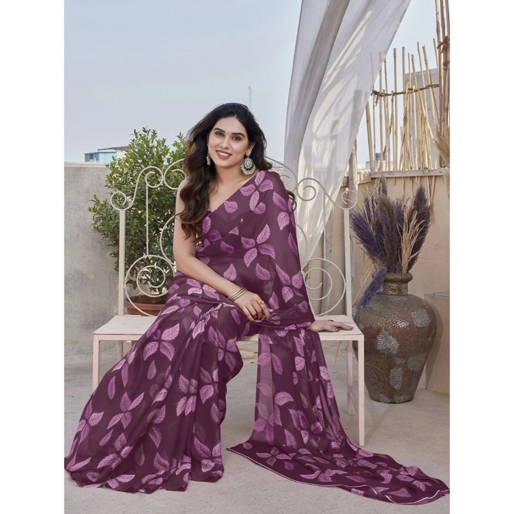Seduva Women's Chiffon Printed Saree With Unstitched Blouse 5.5Mtr (Purple)