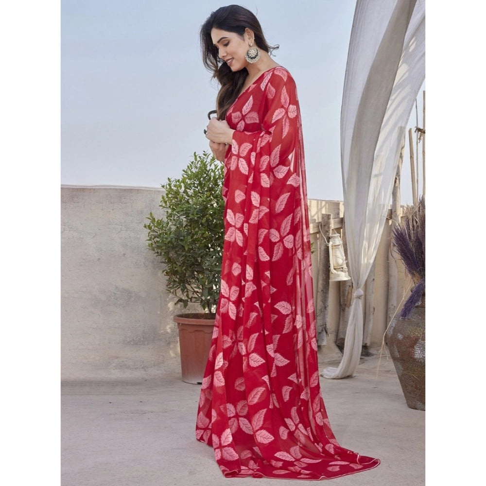 Seduva Women's Chiffon Printed Saree With Unstitched Blouse 5.5Mtr (Red)
