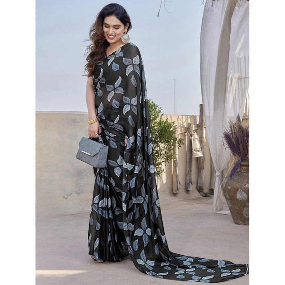 Seduva Women's Chiffon Printed Saree With Unstitched Blouse 5.5Mtr (Black)