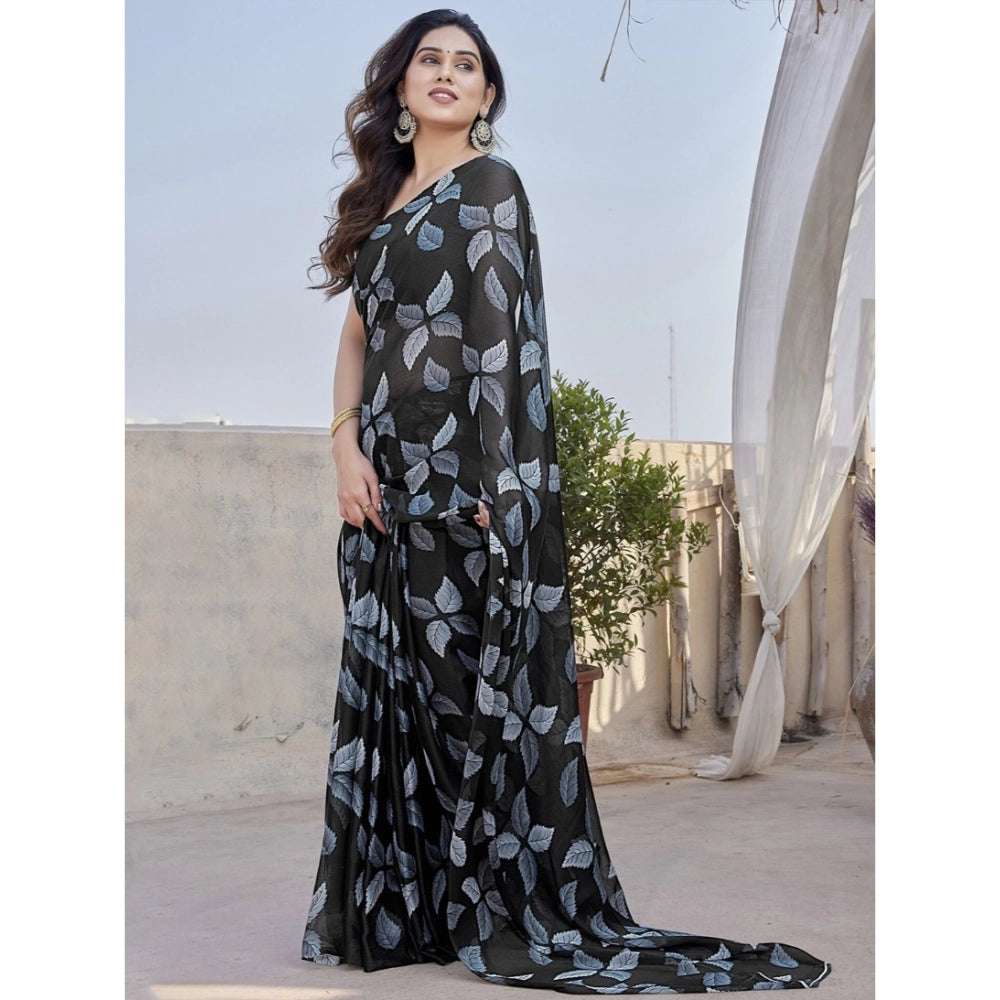 Seduva Women's Chiffon Printed Saree With Unstitched Blouse 5.5Mtr (Black)
