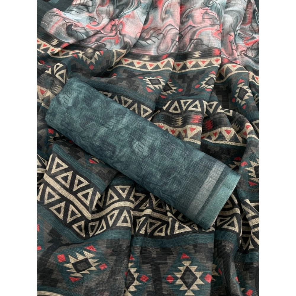 Seduva Women's Linen Cotton  Printed Saree With Unstitched Blouse 5.5Mtr (Blue)