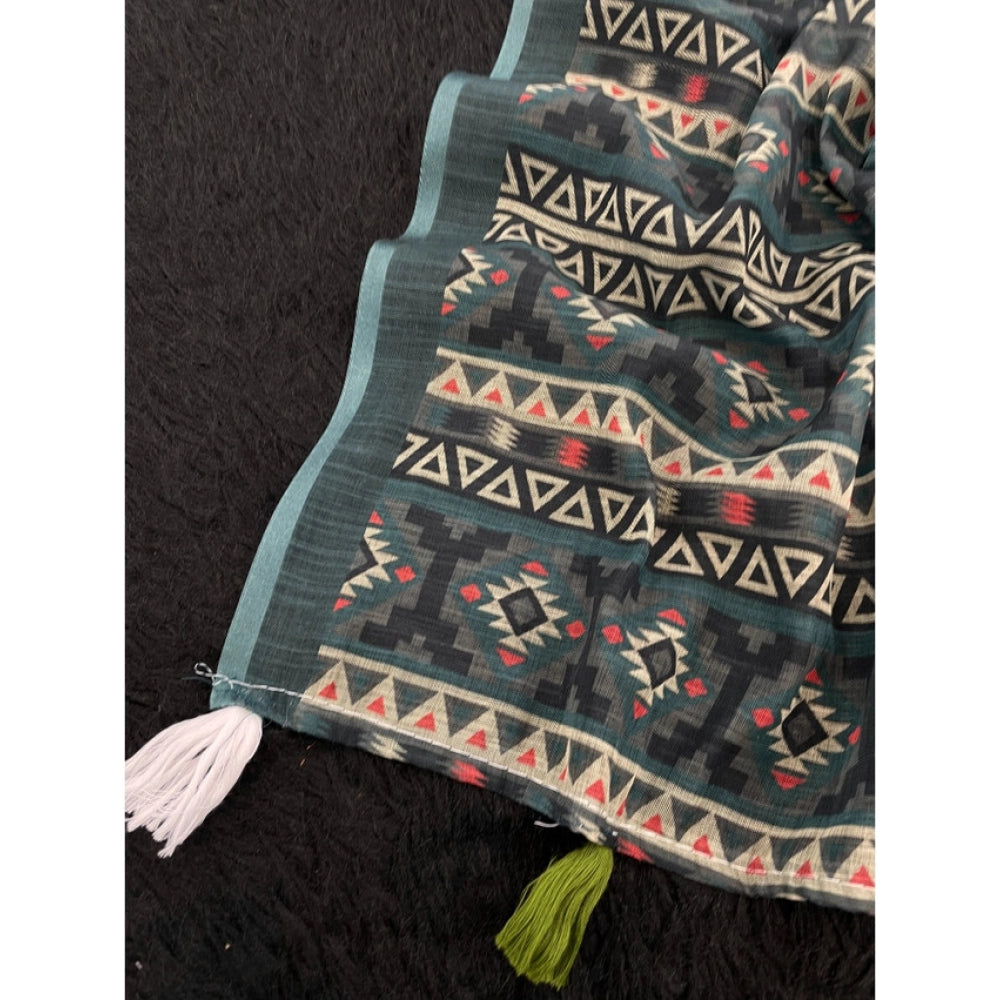 Seduva Women's Linen Cotton  Printed Saree With Unstitched Blouse 5.5Mtr (Blue)