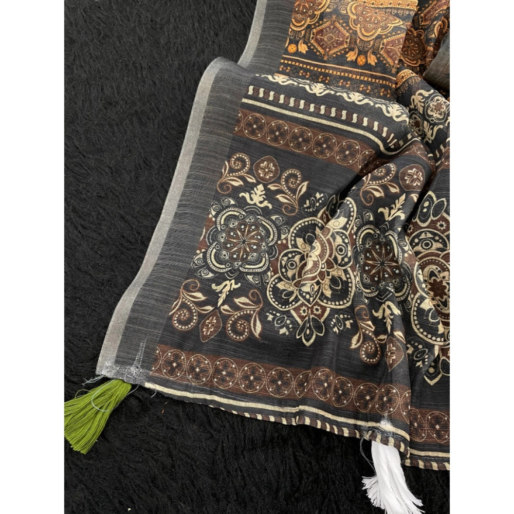 Seduva Women's Linen Cotton  Printed Saree With Unstitched Blouse 5.5Mtr (Beige)