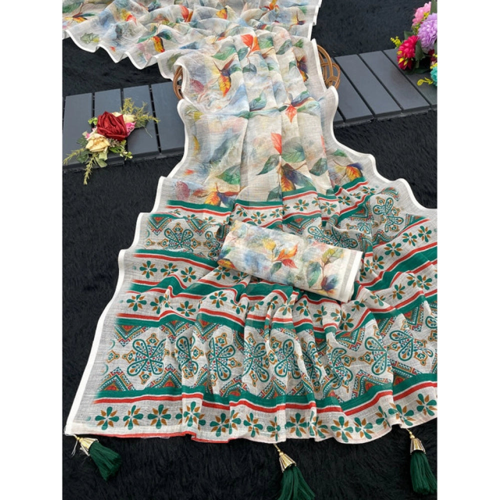 Seduva Women's Linen Cotton  Printed Saree With Unstitched Blouse 5.5Mtr (Green)
