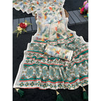 Seduva Women's Linen Cotton  Printed Saree With Unstitched Blouse 5.5Mtr (Green)