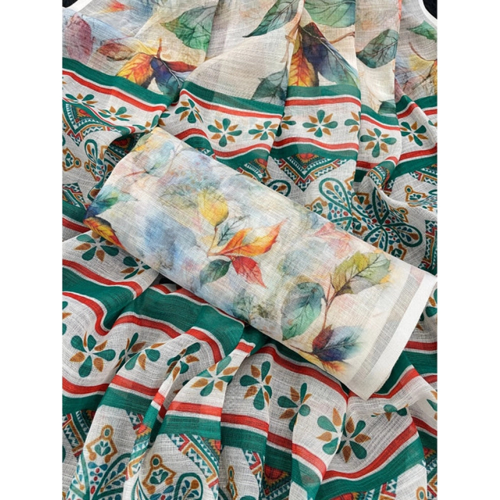 Seduva Women's Linen Cotton  Printed Saree With Unstitched Blouse 5.5Mtr (Green)