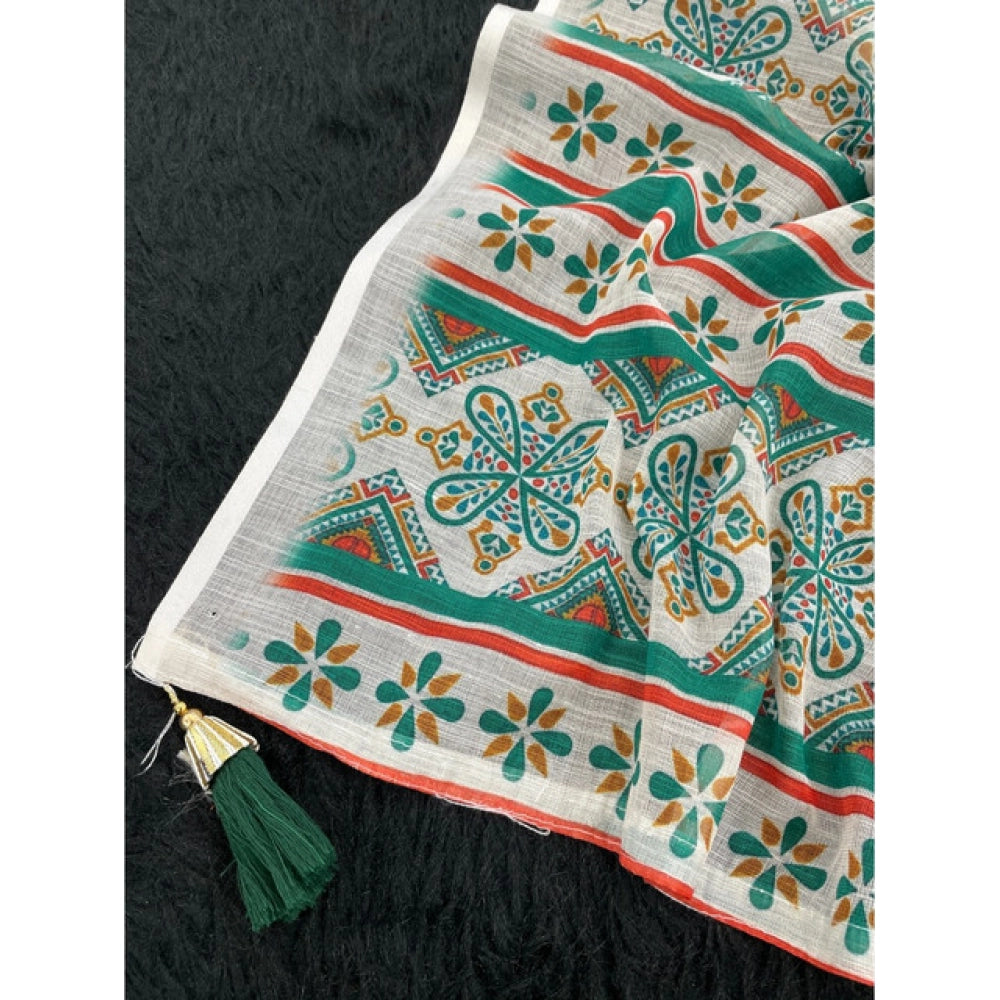Seduva Women's Linen Cotton  Printed Saree With Unstitched Blouse 5.5Mtr (Green)