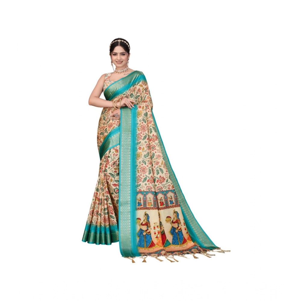 Seduva Women's Cotton Silk  Printed Saree With Unstitched Blouse 5.5Mtr (Sky Blue)