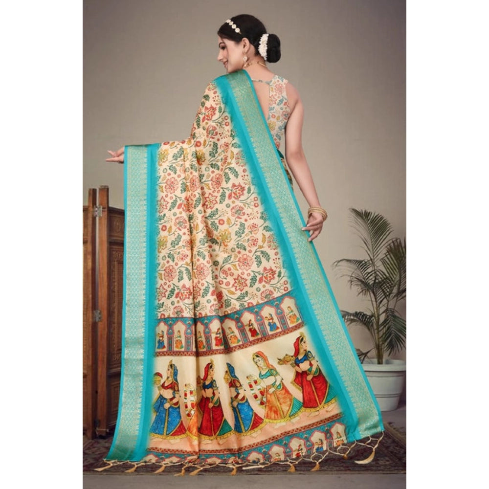 Seduva Women's Cotton Silk  Printed Saree With Unstitched Blouse 5.5Mtr (Sky Blue)