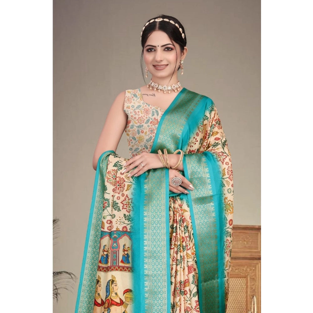 Seduva Women's Cotton Silk  Printed Saree With Unstitched Blouse 5.5Mtr (Sky Blue)