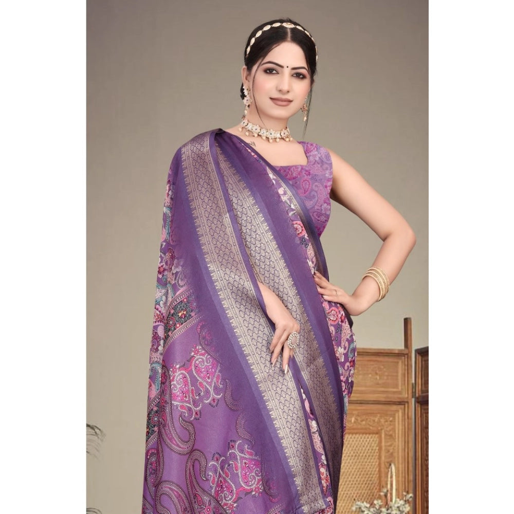 Seduva Women's Cotton Silk  Printed Saree With Unstitched Blouse 5.5Mtr (Purple)