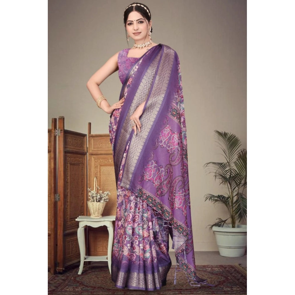 Seduva Women's Cotton Silk  Printed Saree With Unstitched Blouse 5.5Mtr (Purple)