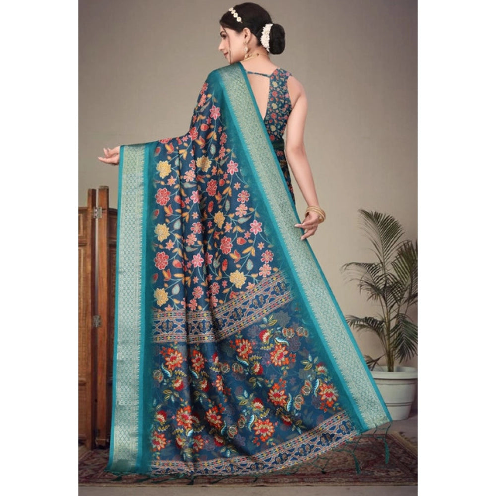 Seduva Women's Cotton Silk  Printed Saree With Unstitched Blouse 5.5Mtr (Blue)