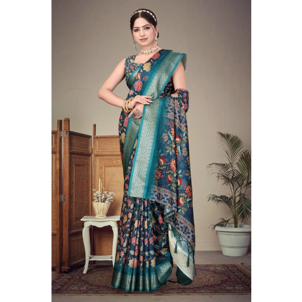 Seduva Women's Cotton Silk  Printed Saree With Unstitched Blouse 5.5Mtr (Blue)