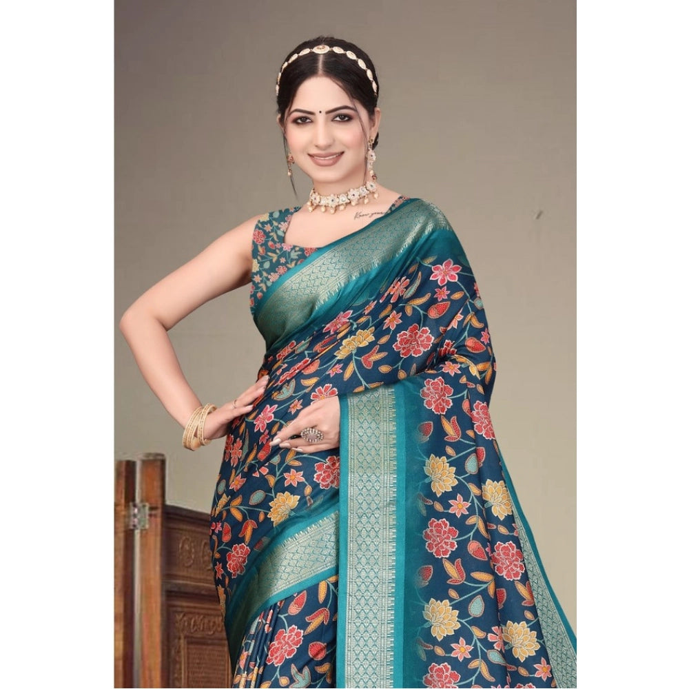Seduva Women's Cotton Silk  Printed Saree With Unstitched Blouse 5.5Mtr (Blue)