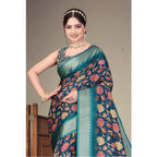 Seduva Women's Cotton Silk  Printed Saree With Unstitched Blouse 5.5Mtr (Blue)
