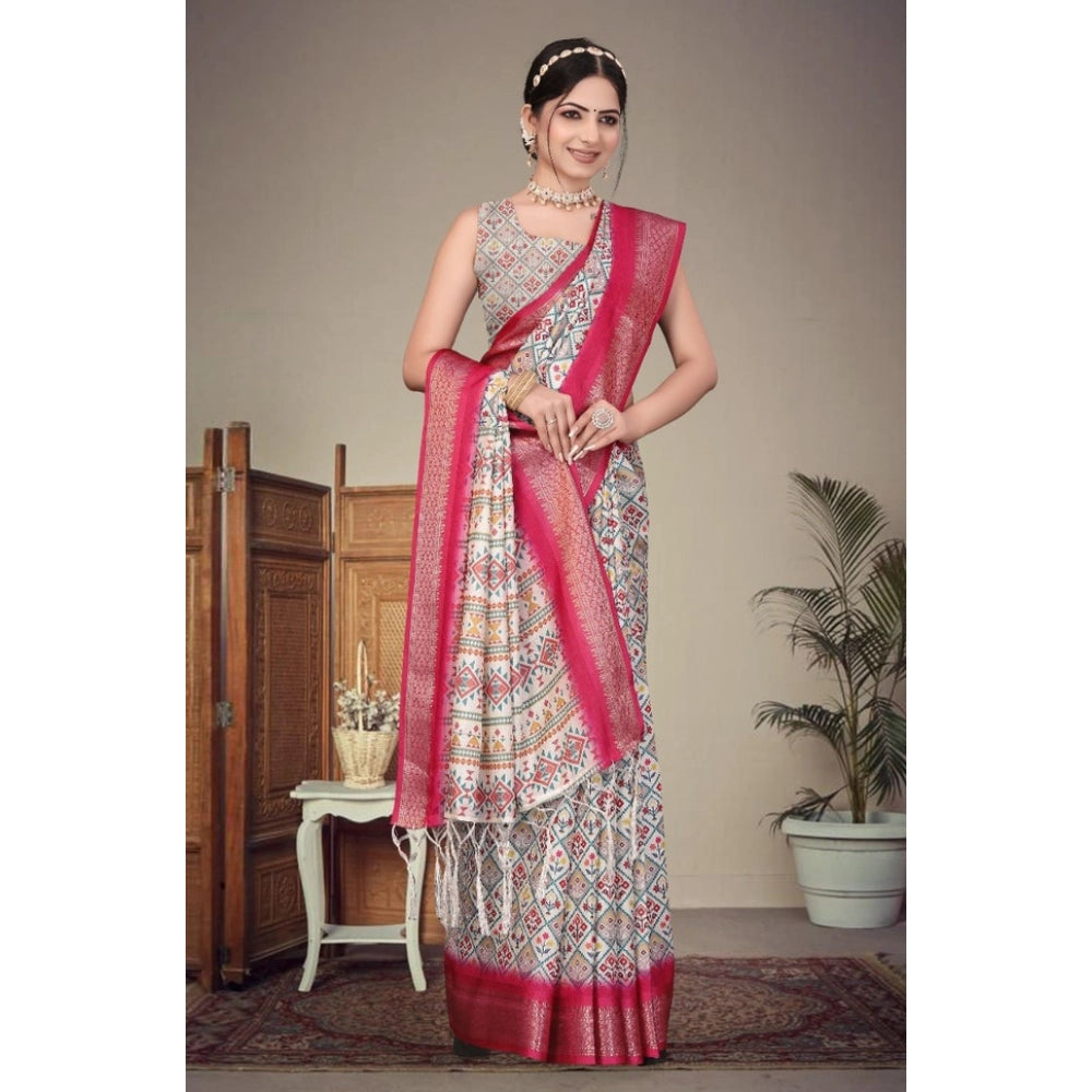 Seduva Women's Cotton Silk  Printed Saree With Unstitched Blouse 5.5Mtr (Pink)