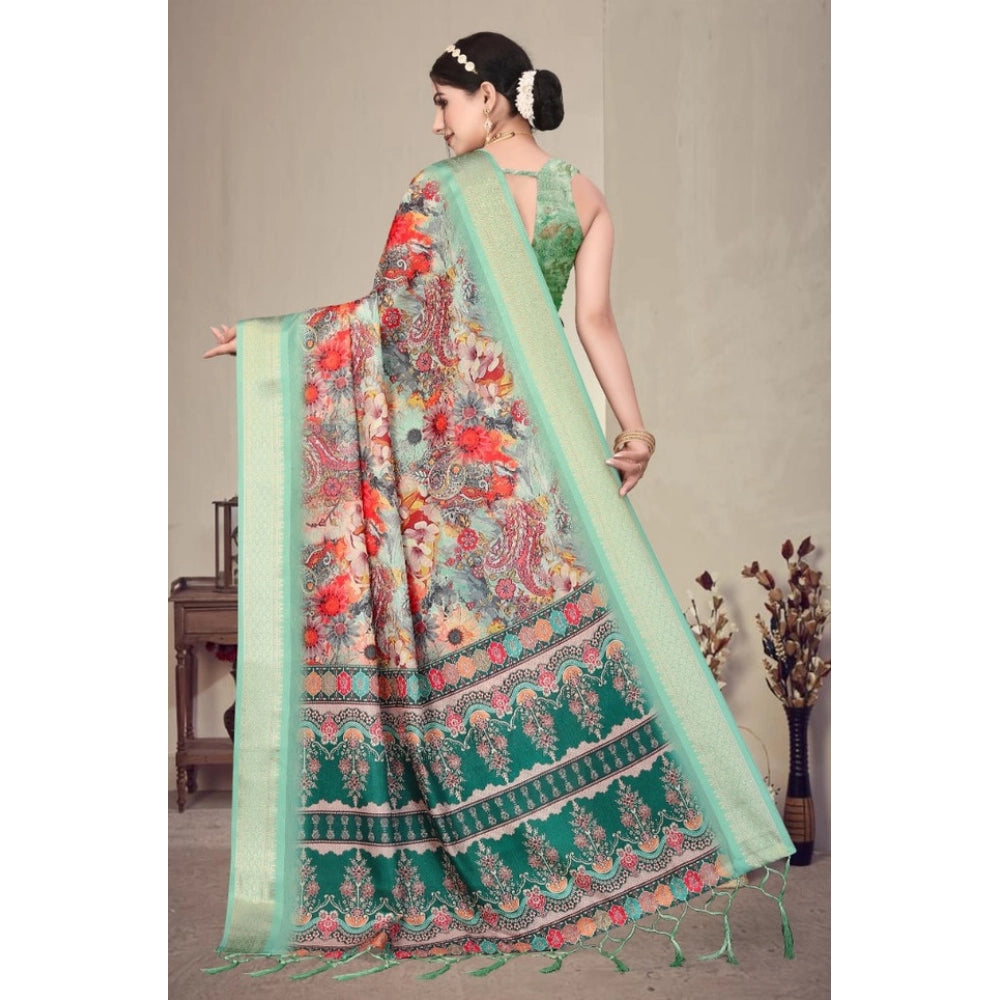 Seduva Women's Cotton Silk  Printed Saree With Unstitched Blouse 5.5Mtr (Light Green)