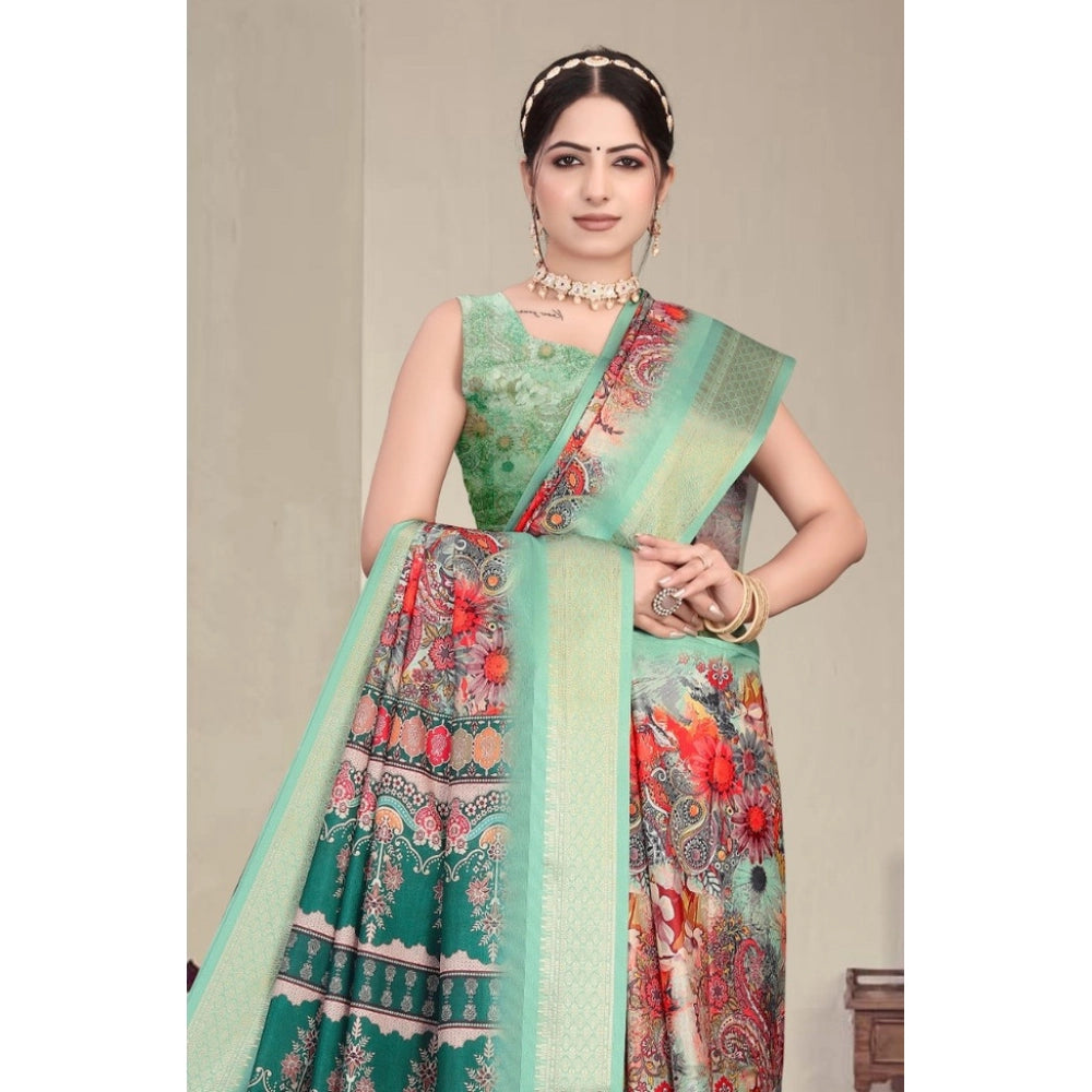 Seduva Women's Cotton Silk  Printed Saree With Unstitched Blouse 5.5Mtr (Light Green)