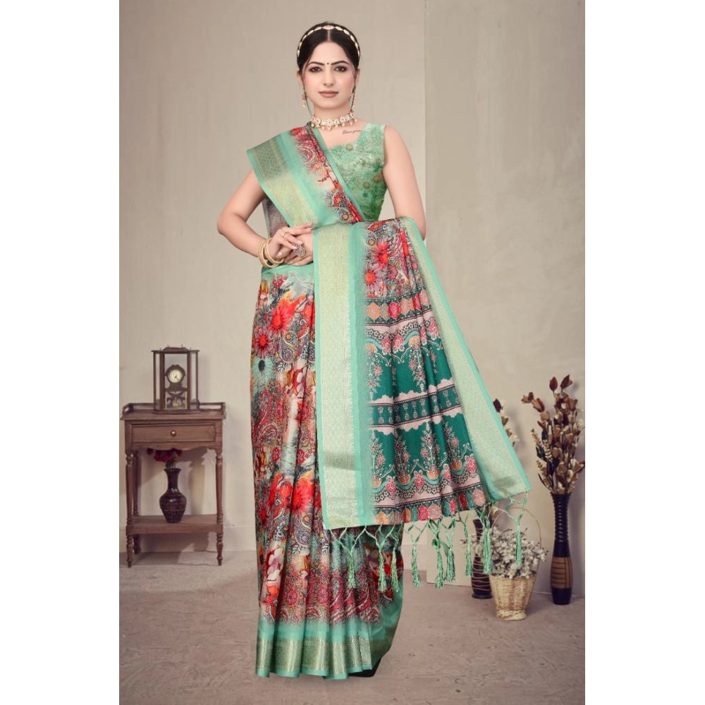 Seduva Women's Cotton Silk  Printed Saree With Unstitched Blouse 5.5Mtr (Light Green)