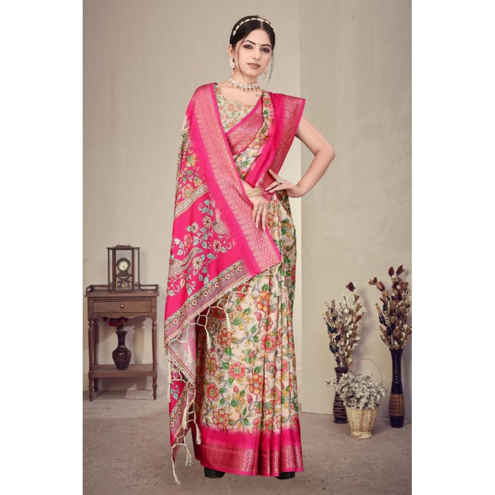 Seduva Women's Cotton Silk  Printed Saree With Unstitched Blouse 5.5Mtr (Pink)