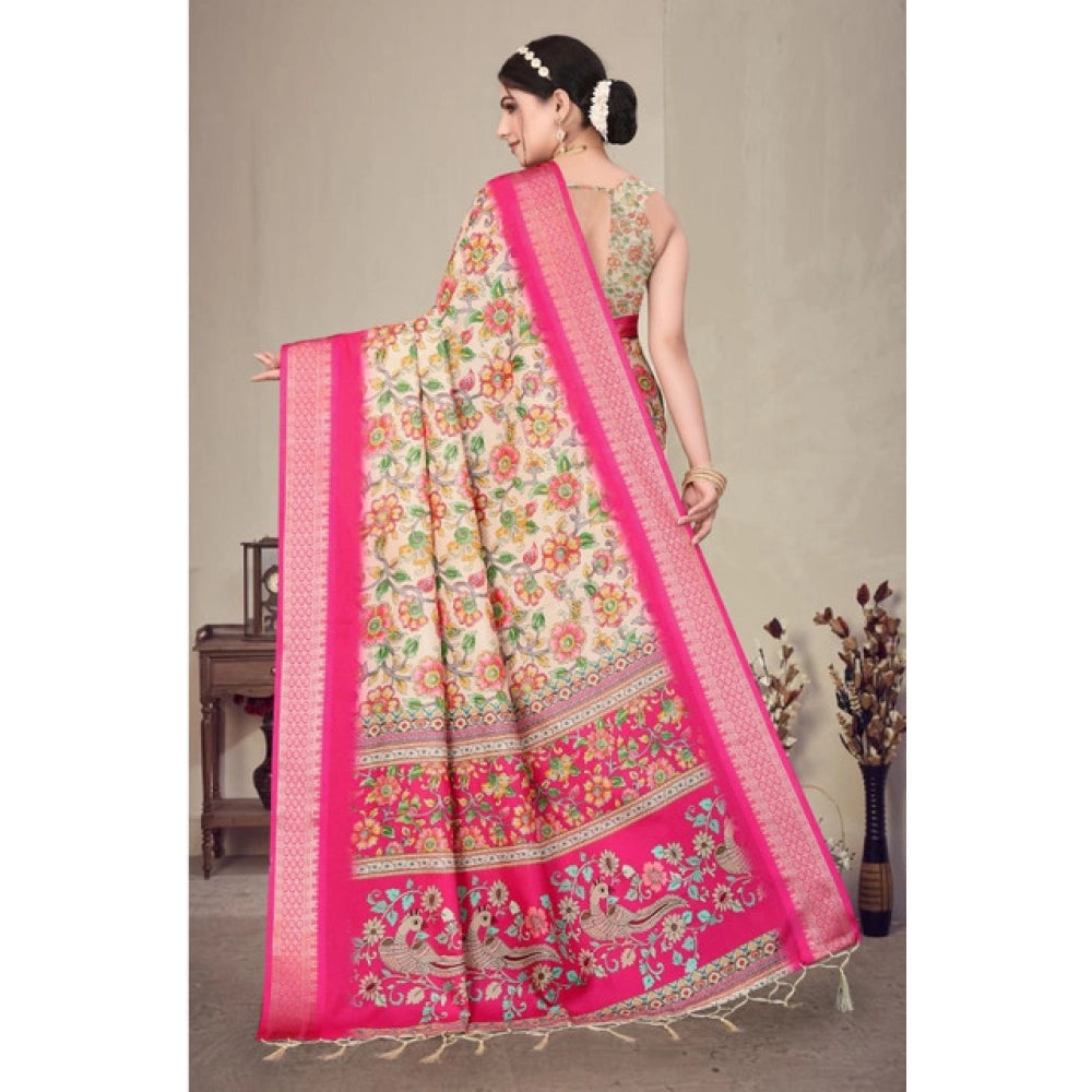 Seduva Women's Cotton Silk  Printed Saree With Unstitched Blouse 5.5Mtr (Pink)