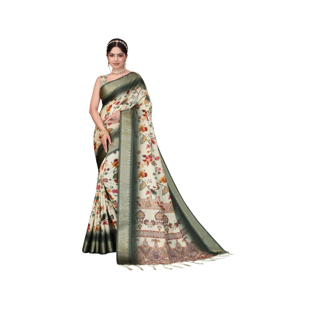 Seduva Women's Cotton Silk  Printed Saree With Unstitched Blouse 5.5Mtr (Green)