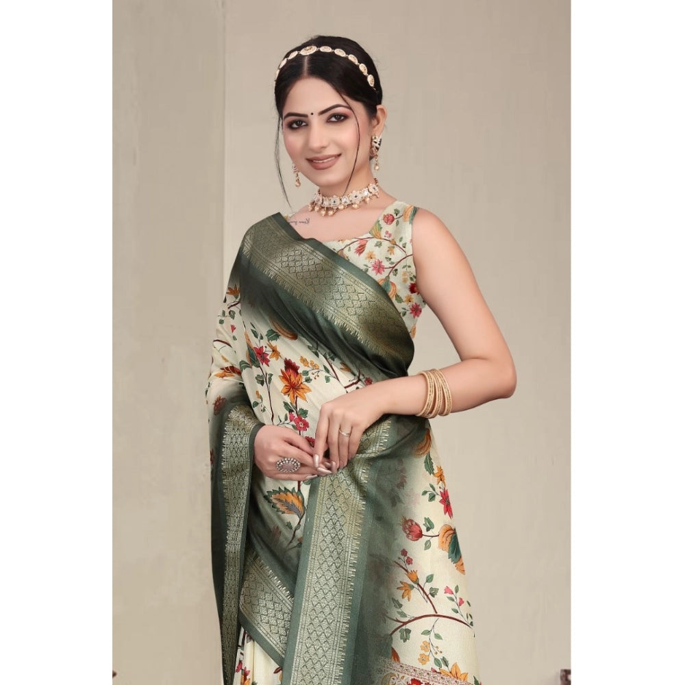 Seduva Women's Cotton Silk  Printed Saree With Unstitched Blouse 5.5Mtr (Green)
