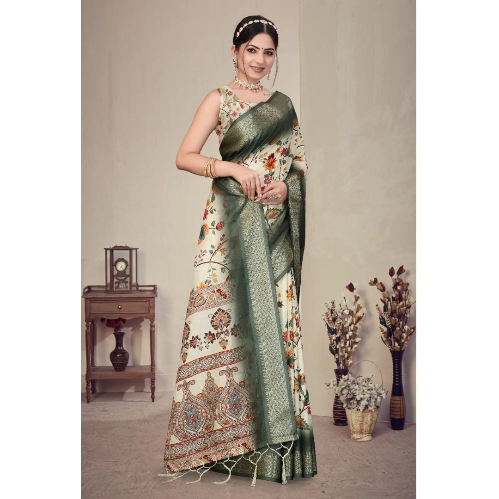 Seduva Women's Cotton Silk  Printed Saree With Unstitched Blouse 5.5Mtr (Green)