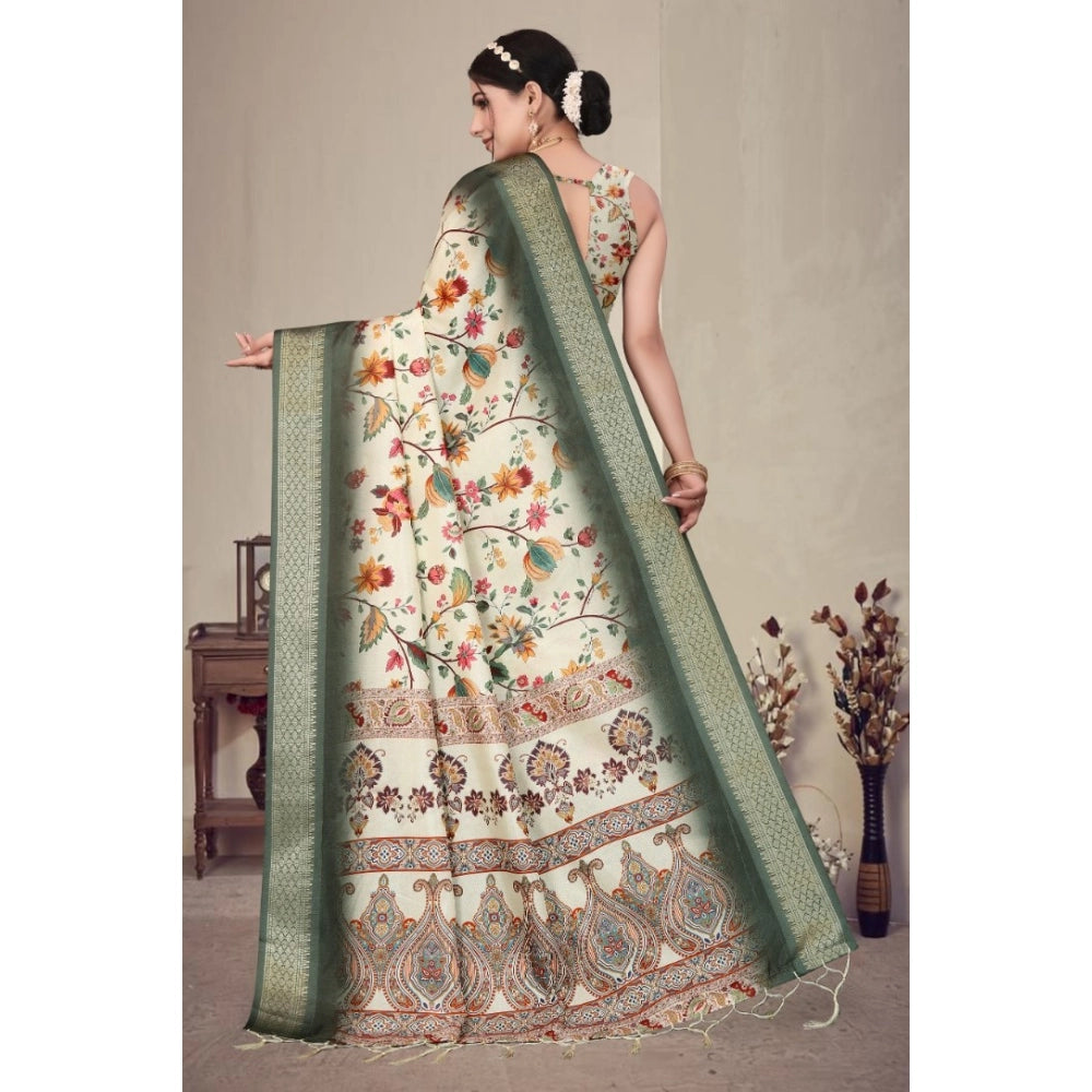 Seduva Women's Cotton Silk  Printed Saree With Unstitched Blouse 5.5Mtr (Green)