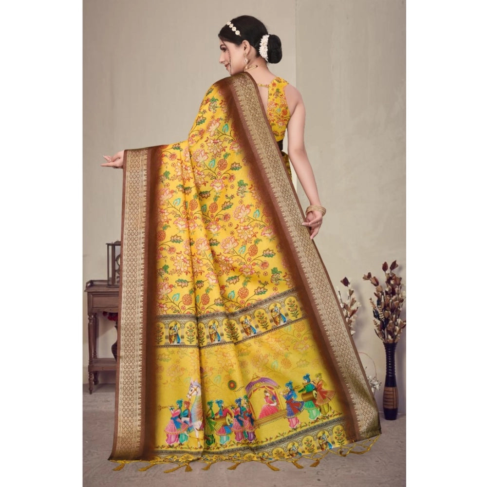 Seduva Women's Cotton Silk  Printed Saree With Unstitched Blouse 5.5Mtr (Yellow)