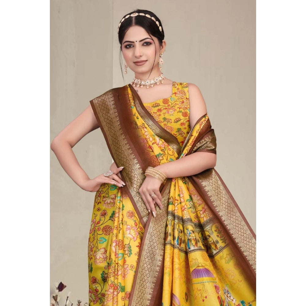 Seduva Women's Cotton Silk  Printed Saree With Unstitched Blouse 5.5Mtr (Yellow)