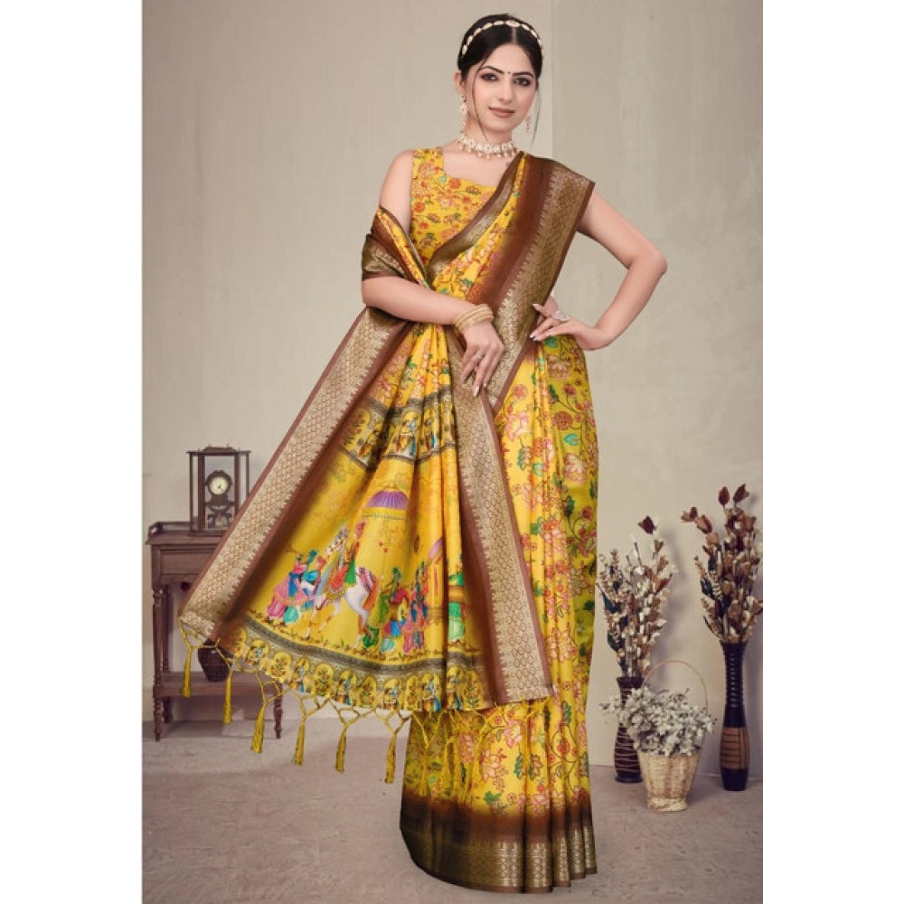 Seduva Women's Cotton Silk  Printed Saree With Unstitched Blouse 5.5Mtr (Yellow)