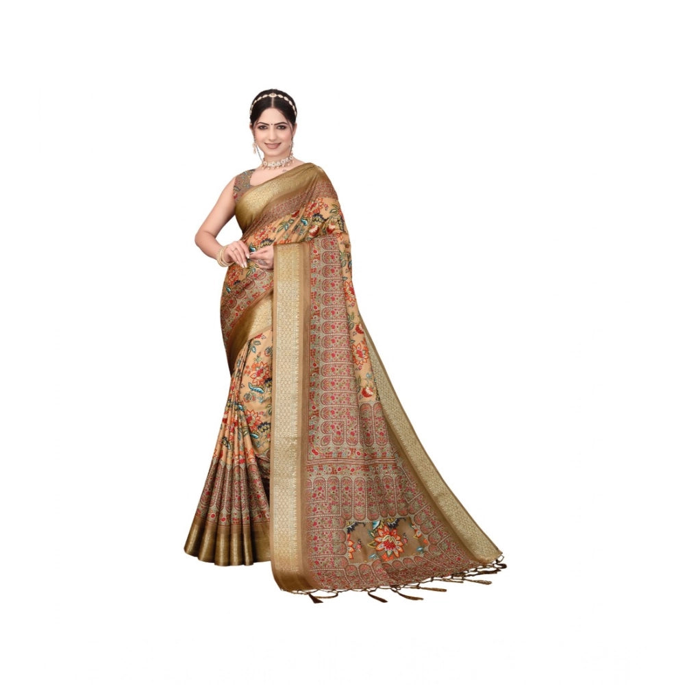 Seduva Women's Cotton Silk  Printed Saree With Unstitched Blouse 5.5Mtr (Peach)