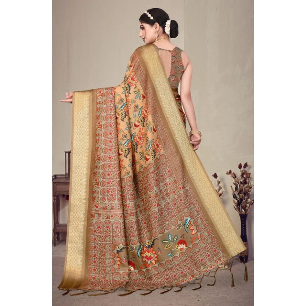 Seduva Women's Cotton Silk  Printed Saree With Unstitched Blouse 5.5Mtr (Peach)