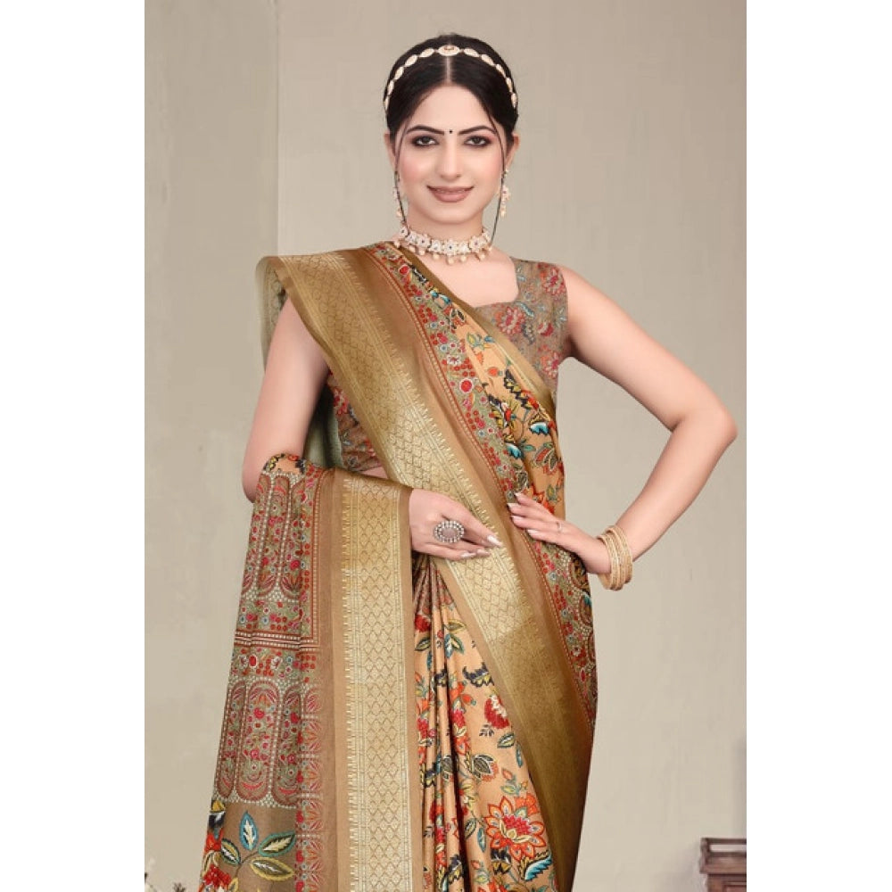 Seduva Women's Cotton Silk  Printed Saree With Unstitched Blouse 5.5Mtr (Peach)