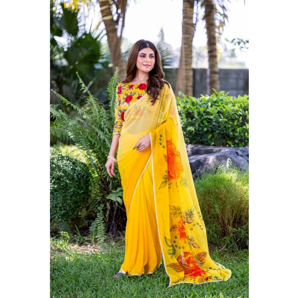 Seduva Women's Georgette  Printed Saree With Unstitched Blouse 5.5Mtr (Yellow)