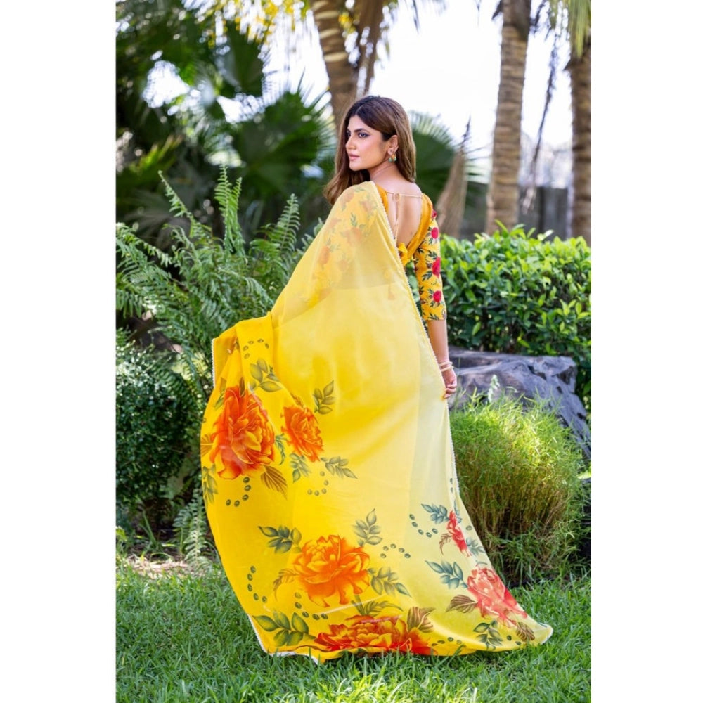 Seduva Women's Georgette  Printed Saree With Unstitched Blouse 5.5Mtr (Yellow)