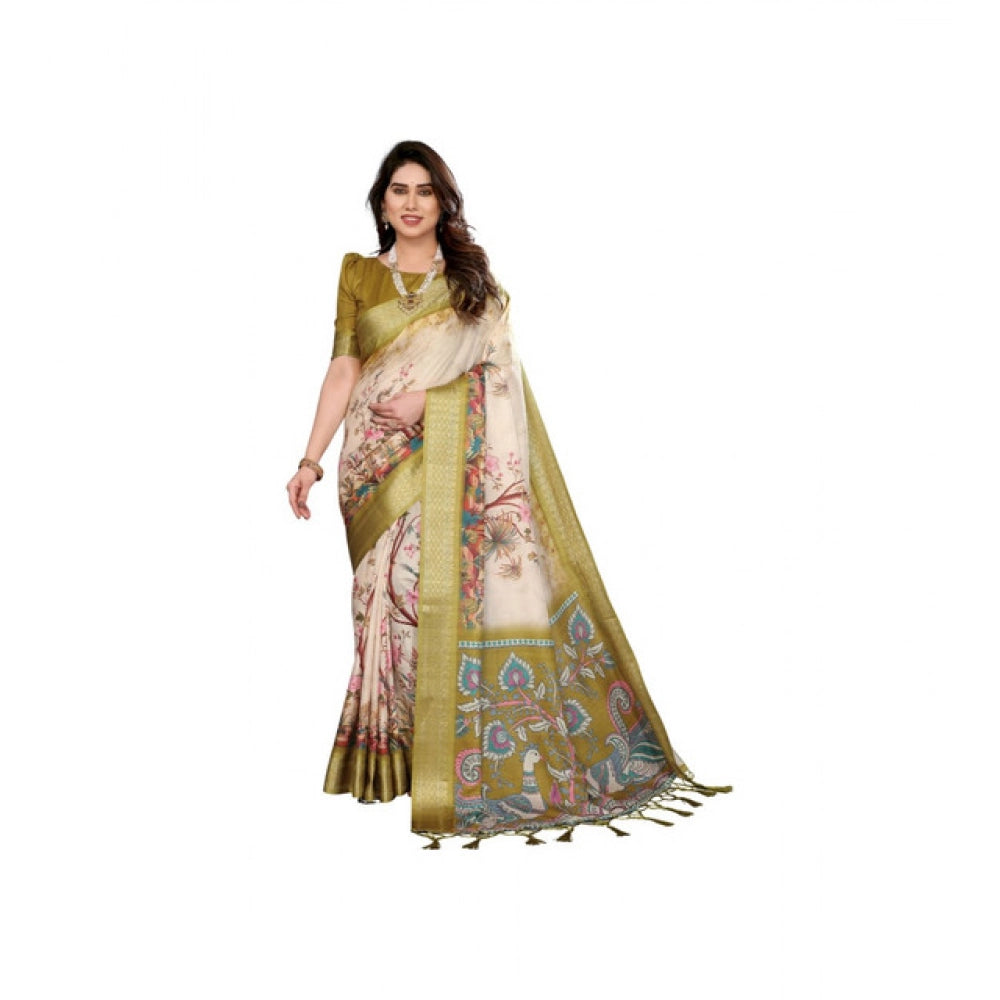 Seduva Women's Cotton Silk  Printed Saree With Unstitched Blouse 5.5Mtr (Olive Green)