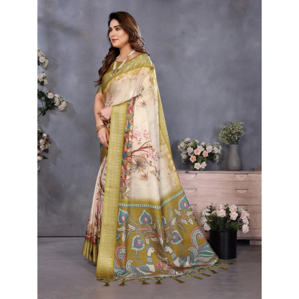 Seduva Women's Cotton Silk  Printed Saree With Unstitched Blouse 5.5Mtr (Olive Green)