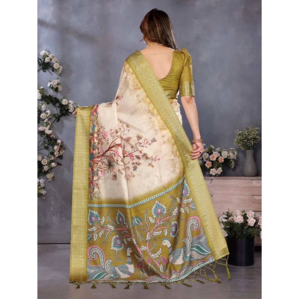Seduva Women's Cotton Silk  Printed Saree With Unstitched Blouse 5.5Mtr (Olive Green)