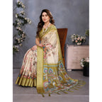 Seduva Women's Cotton Silk  Printed Saree With Unstitched Blouse 5.5Mtr (Olive Green)
